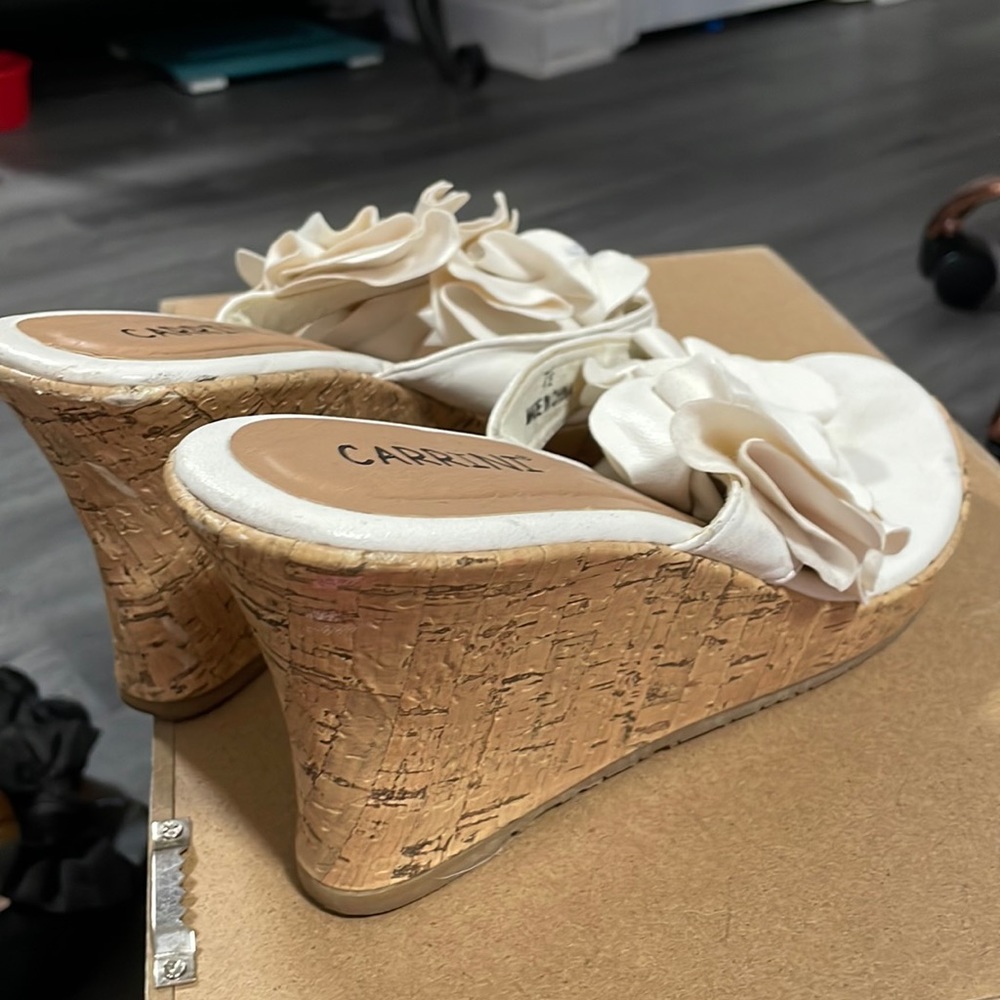 Carrini White Diamond Studded Floral Wedges